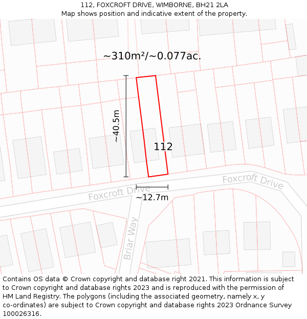 112, FOXCROFT DRIVE, WIMBORNE, BH21 2LA: Plot and title map