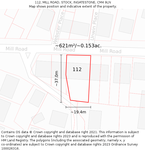 112, MILL ROAD, STOCK, INGATESTONE, CM4 9LN: Plot and title map