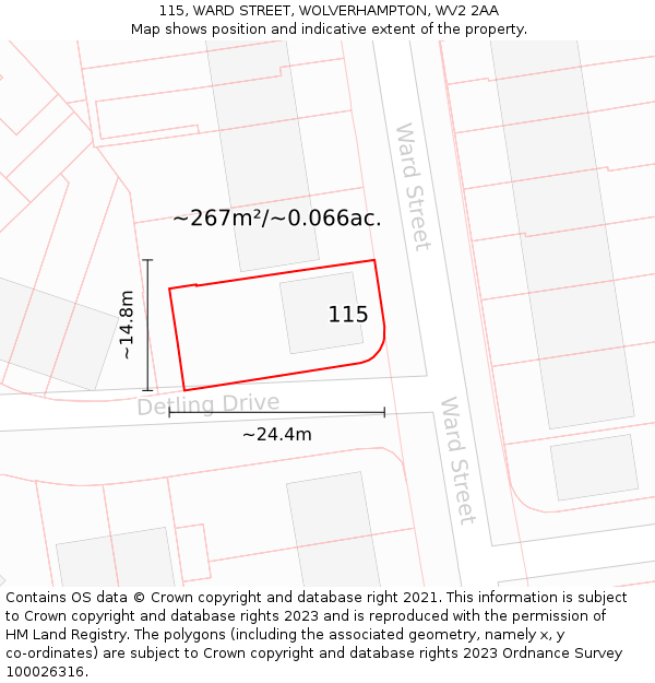 115, WARD STREET, WOLVERHAMPTON, WV2 2AA: Plot and title map