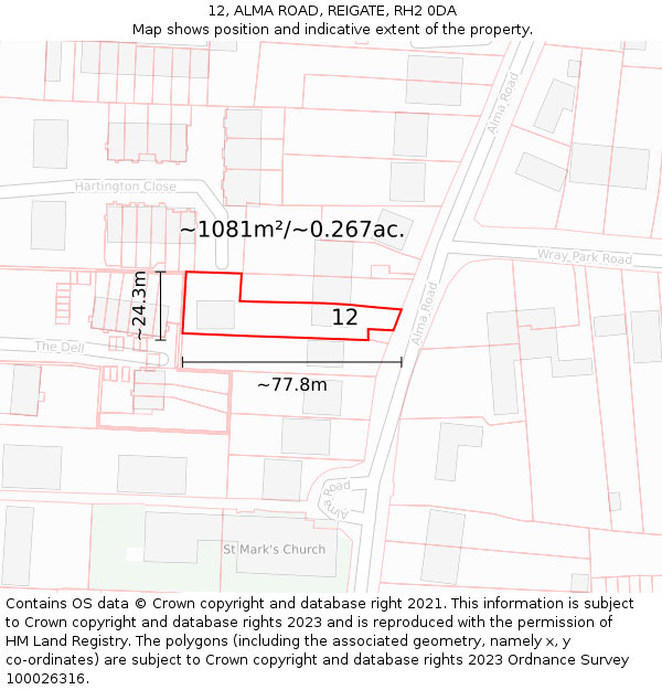 12, ALMA ROAD, REIGATE, RH2 0DA: Plot and title map