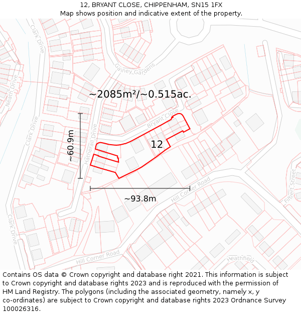 12, BRYANT CLOSE, CHIPPENHAM, SN15 1FX: Plot and title map