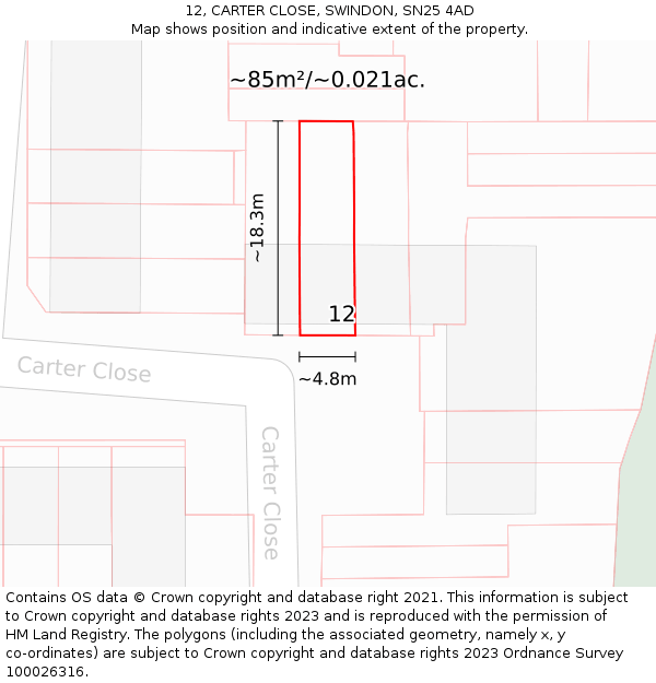 12, CARTER CLOSE, SWINDON, SN25 4AD: Plot and title map