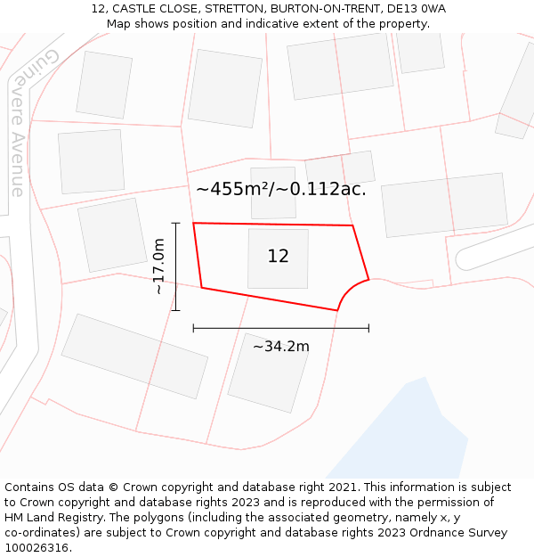 12, CASTLE CLOSE, STRETTON, BURTON-ON-TRENT, DE13 0WA: Plot and title map