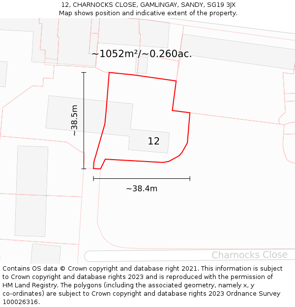 12, CHARNOCKS CLOSE, GAMLINGAY, SANDY, SG19 3JX: Plot and title map