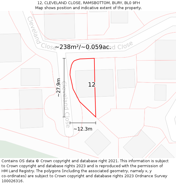 12, CLEVELAND CLOSE, RAMSBOTTOM, BURY, BL0 9FH: Plot and title map