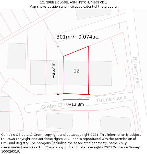 12, GREBE CLOSE, ASHINGTON, NE63 0DW: Plot and title map
