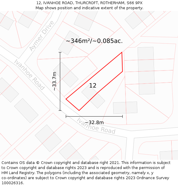 12, IVANHOE ROAD, THURCROFT, ROTHERHAM, S66 9PX: Plot and title map