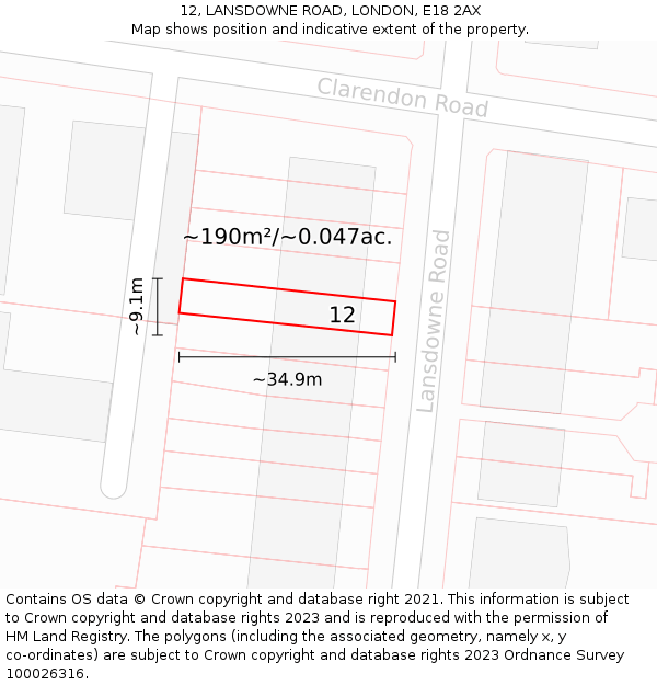 12, LANSDOWNE ROAD, LONDON, E18 2AX: Plot and title map