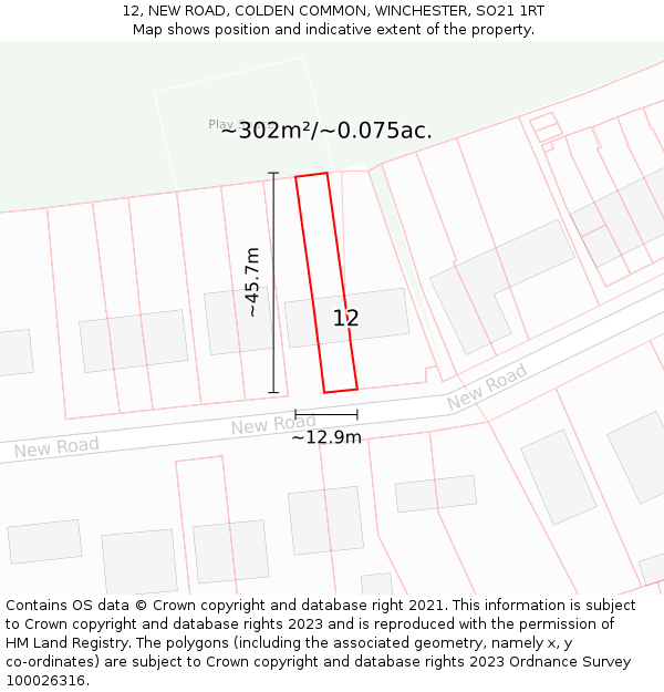 12, NEW ROAD, COLDEN COMMON, WINCHESTER, SO21 1RT: Plot and title map