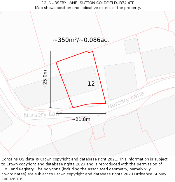 12, NURSERY LANE, SUTTON COLDFIELD, B74 4TP: Plot and title map