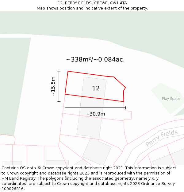 12, PERRY FIELDS, CREWE, CW1 4TA: Plot and title map