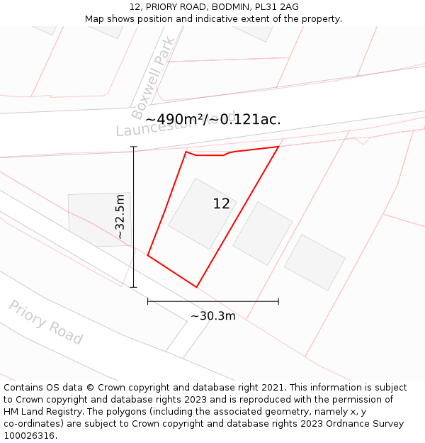 12, PRIORY ROAD, BODMIN, PL31 2AG: Plot and title map