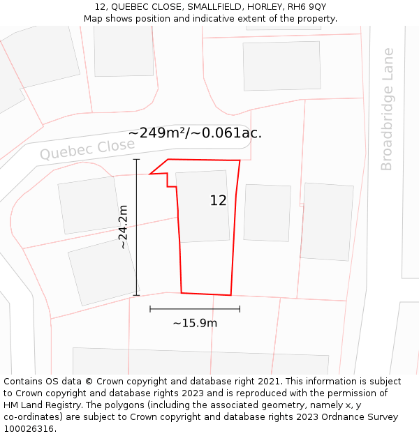12, QUEBEC CLOSE, SMALLFIELD, HORLEY, RH6 9QY: Plot and title map