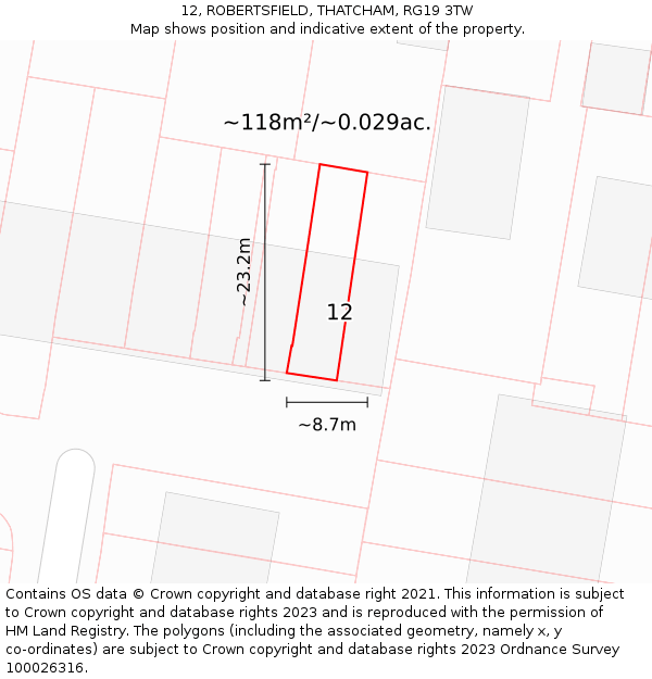 12, ROBERTSFIELD, THATCHAM, RG19 3TW: Plot and title map