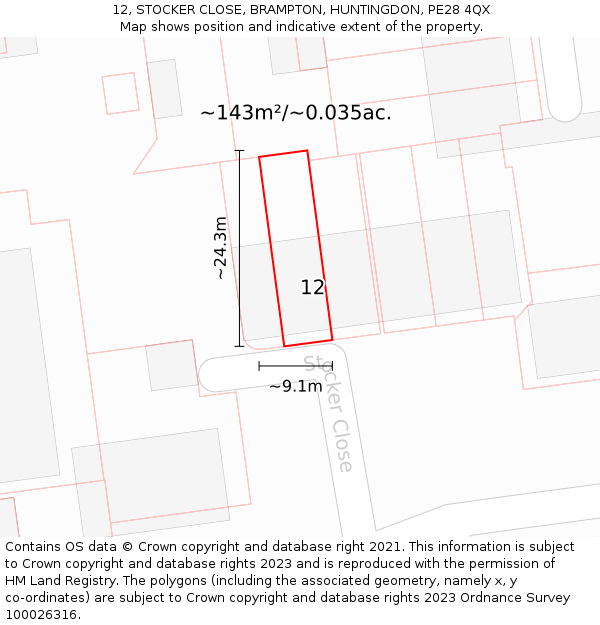 12, STOCKER CLOSE, BRAMPTON, HUNTINGDON, PE28 4QX: Plot and title map