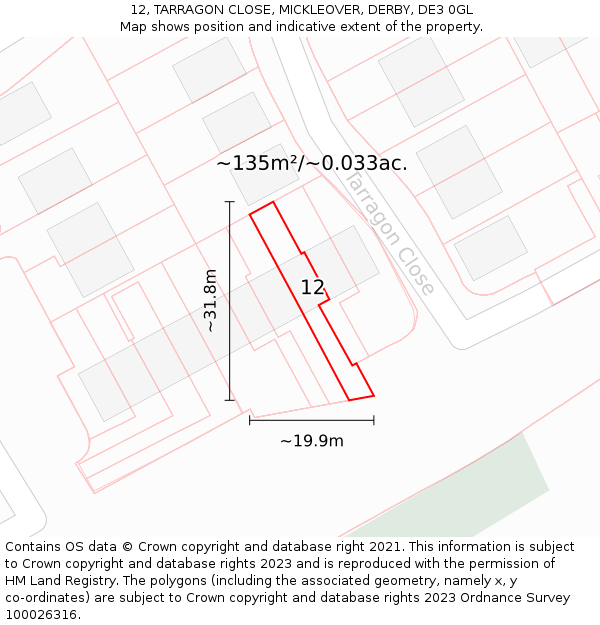 12, TARRAGON CLOSE, MICKLEOVER, DERBY, DE3 0GL: Plot and title map