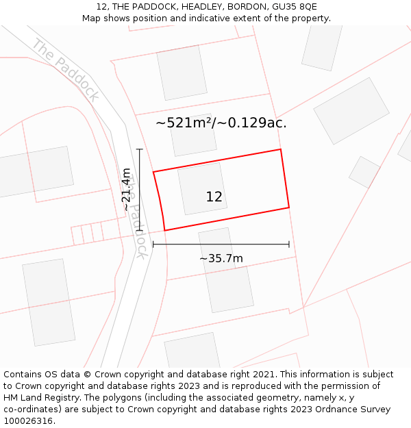 12, THE PADDOCK, HEADLEY, BORDON, GU35 8QE: Plot and title map