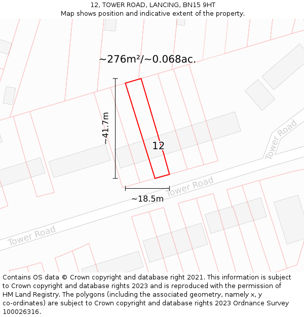 12, TOWER ROAD, LANCING, BN15 9HT: Plot and title map