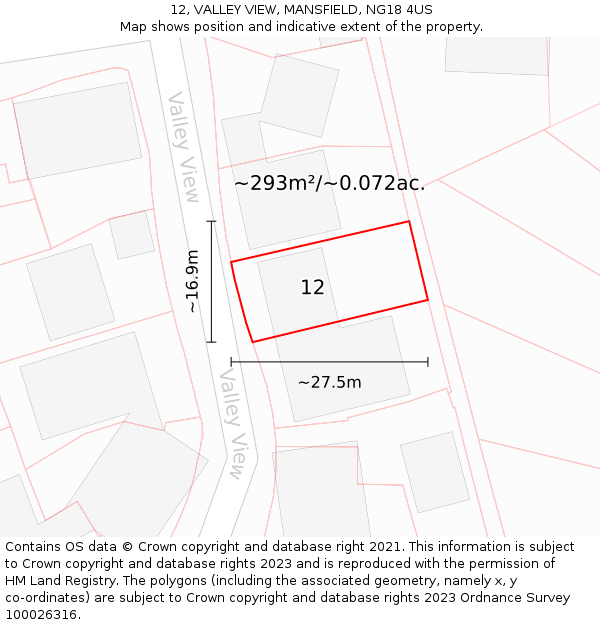 12, VALLEY VIEW, MANSFIELD, NG18 4US: Plot and title map