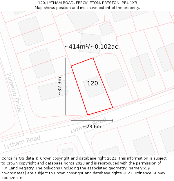 120, LYTHAM ROAD, FRECKLETON, PRESTON, PR4 1XB: Plot and title map