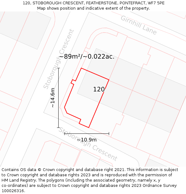 120, STOBOROUGH CRESCENT, FEATHERSTONE, PONTEFRACT, WF7 5PE: Plot and title map