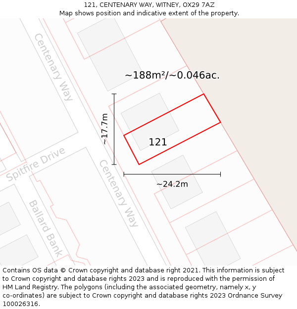 121, CENTENARY WAY, WITNEY, OX29 7AZ: Plot and title map