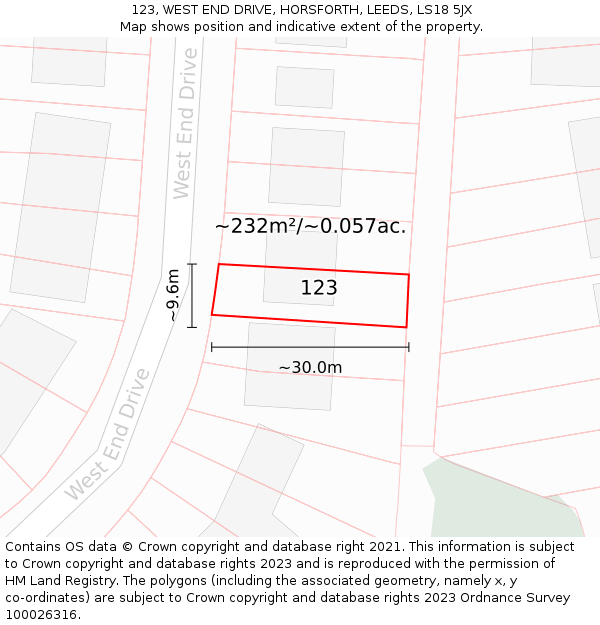 123, WEST END DRIVE, HORSFORTH, LEEDS, LS18 5JX: Plot and title map