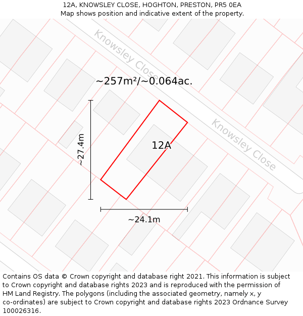 12A, KNOWSLEY CLOSE, HOGHTON, PRESTON, PR5 0EA: Plot and title map