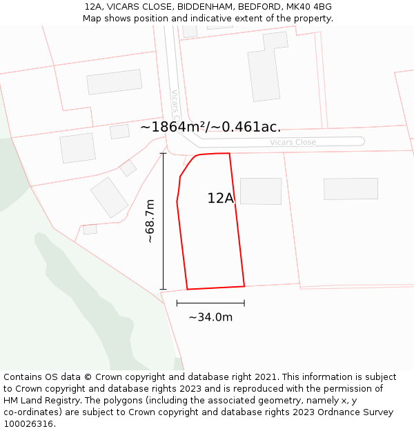 12A, VICARS CLOSE, BIDDENHAM, BEDFORD, MK40 4BG: Plot and title map