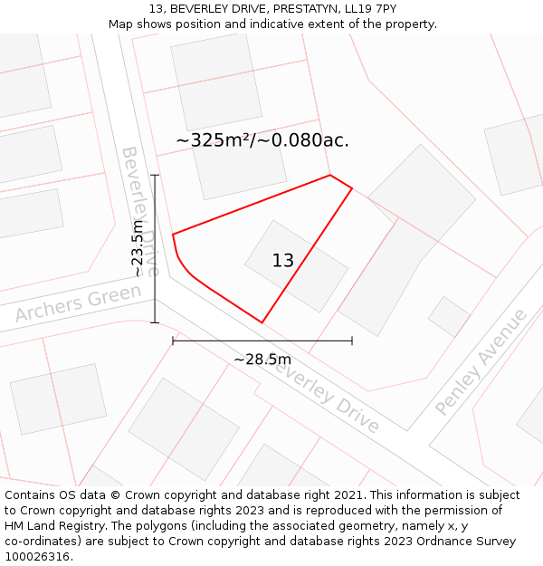 13, BEVERLEY DRIVE, PRESTATYN, LL19 7PY: Plot and title map