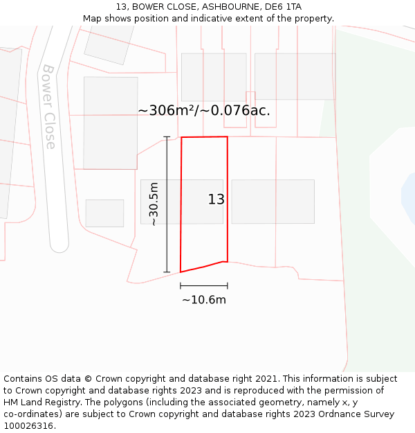 13, BOWER CLOSE, ASHBOURNE, DE6 1TA: Plot and title map