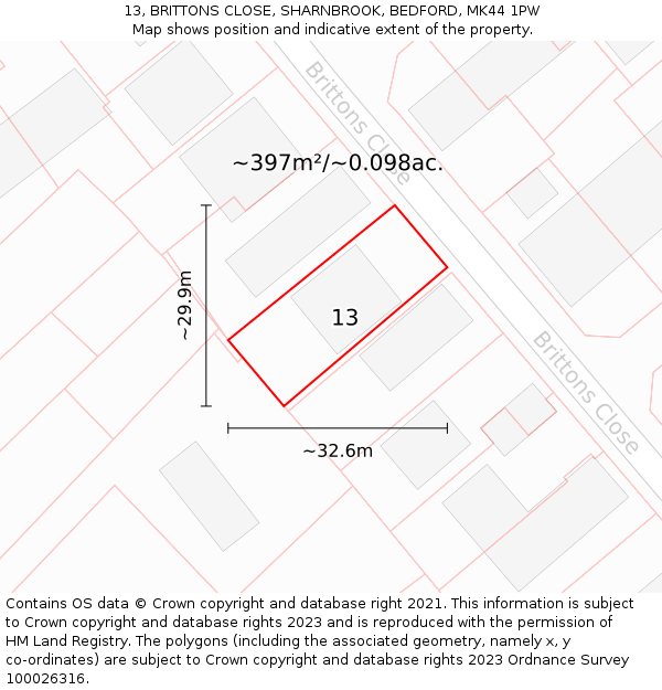 13, BRITTONS CLOSE, SHARNBROOK, BEDFORD, MK44 1PW: Plot and title map