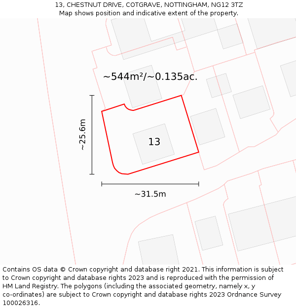 13, CHESTNUT DRIVE, COTGRAVE, NOTTINGHAM, NG12 3TZ: Plot and title map