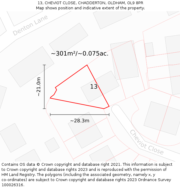 13, CHEVIOT CLOSE, CHADDERTON, OLDHAM, OL9 8PR: Plot and title map