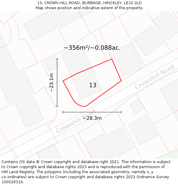 13, CROWN HILL ROAD, BURBAGE, HINCKLEY, LE10 2LD: Plot and title map