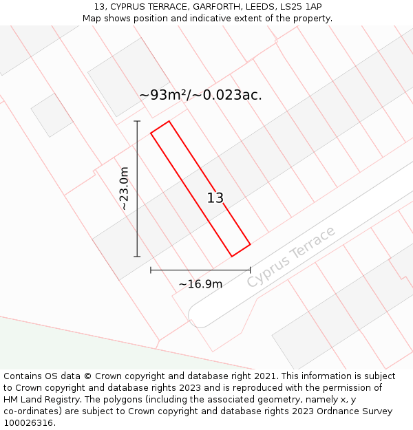 13, CYPRUS TERRACE, GARFORTH, LEEDS, LS25 1AP: Plot and title map