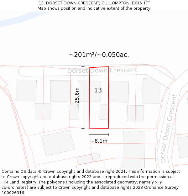 13, DORSET DOWN CRESCENT, CULLOMPTON, EX15 1TT: Plot and title map