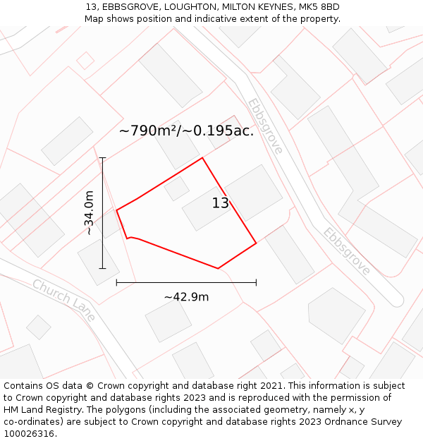 13, EBBSGROVE, LOUGHTON, MILTON KEYNES, MK5 8BD: Plot and title map