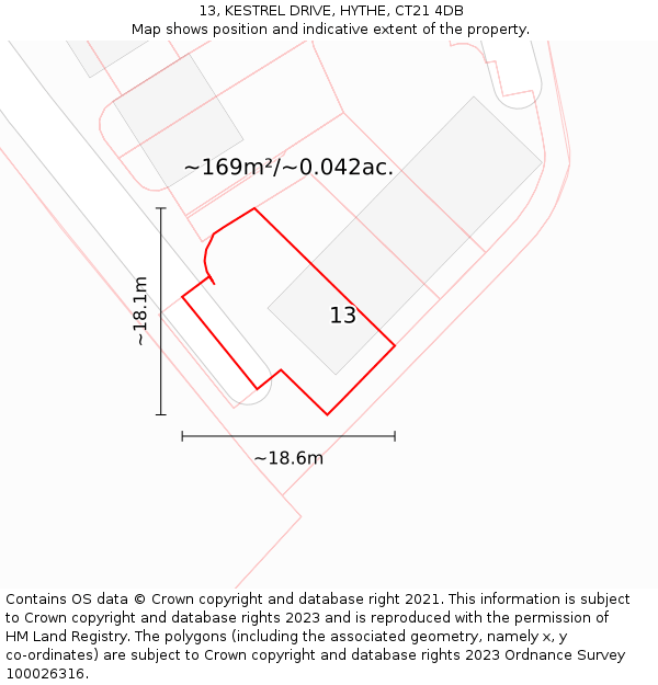 13, KESTREL DRIVE, HYTHE, CT21 4DB: Plot and title map