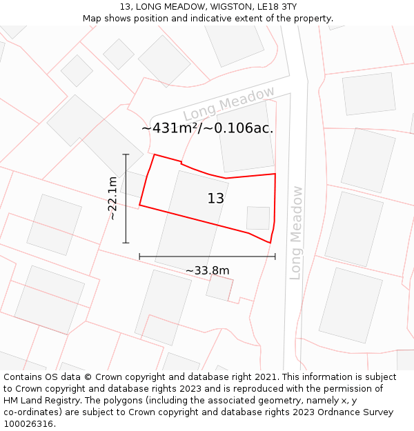 13, LONG MEADOW, WIGSTON, LE18 3TY: Plot and title map