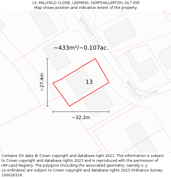 13, MILLFIELD CLOSE, LEEMING, NORTHALLERTON, DL7 9SF: Plot and title map