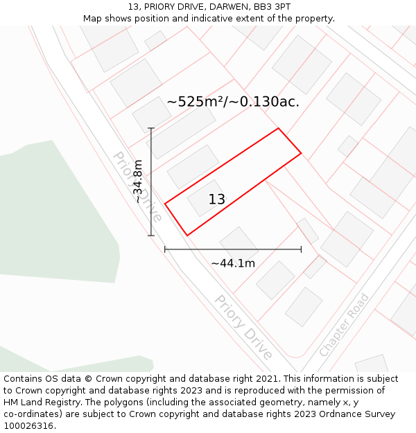 13, PRIORY DRIVE, DARWEN, BB3 3PT: Plot and title map