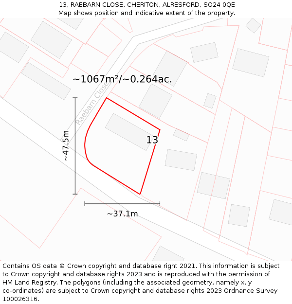 13, RAEBARN CLOSE, CHERITON, ALRESFORD, SO24 0QE: Plot and title map
