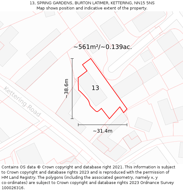 13, SPRING GARDENS, BURTON LATIMER, KETTERING, NN15 5NS: Plot and title map