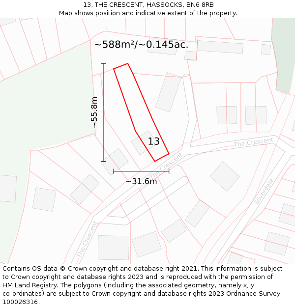 13, THE CRESCENT, HASSOCKS, BN6 8RB: Plot and title map