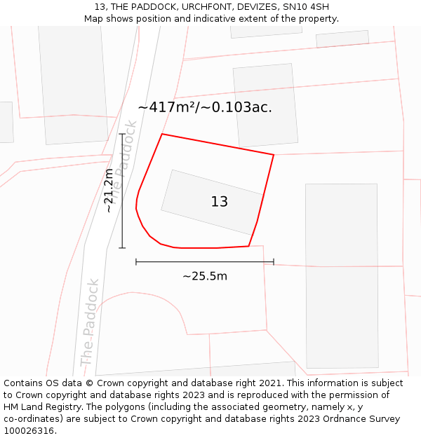 13, THE PADDOCK, URCHFONT, DEVIZES, SN10 4SH: Plot and title map