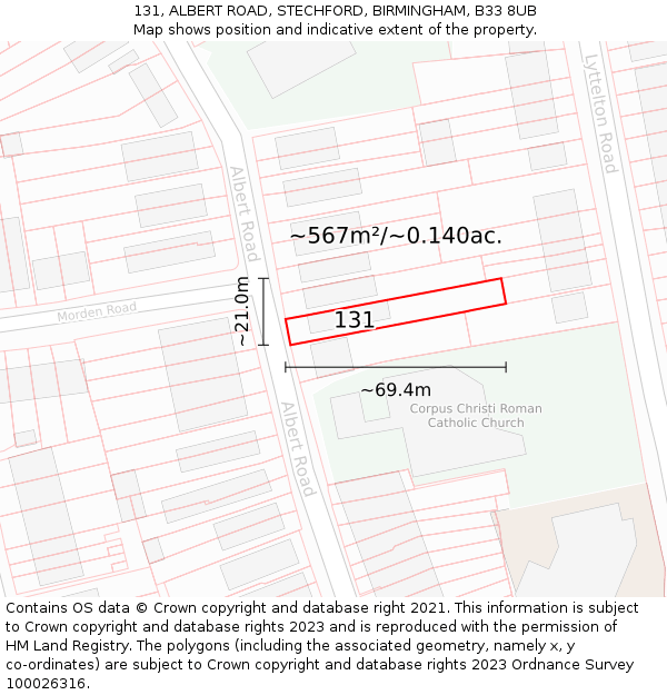 131, ALBERT ROAD, STECHFORD, BIRMINGHAM, B33 8UB: Plot and title map