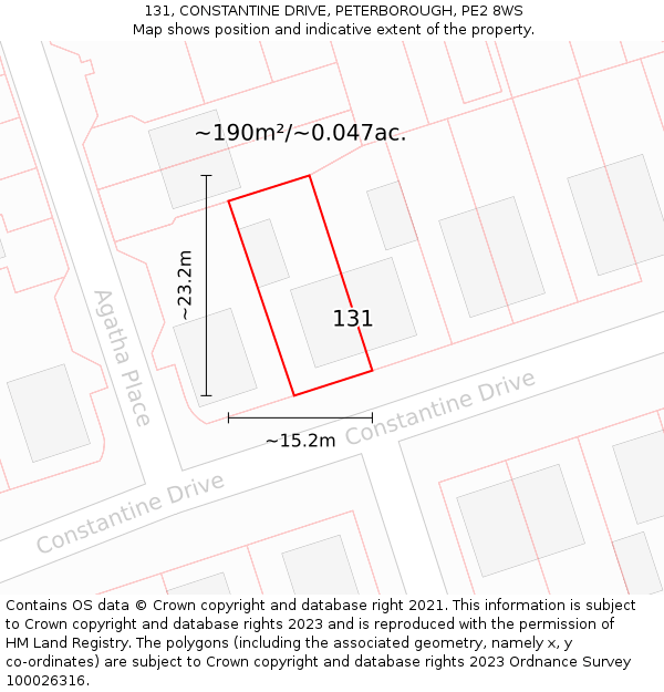 131, CONSTANTINE DRIVE, PETERBOROUGH, PE2 8WS: Plot and title map