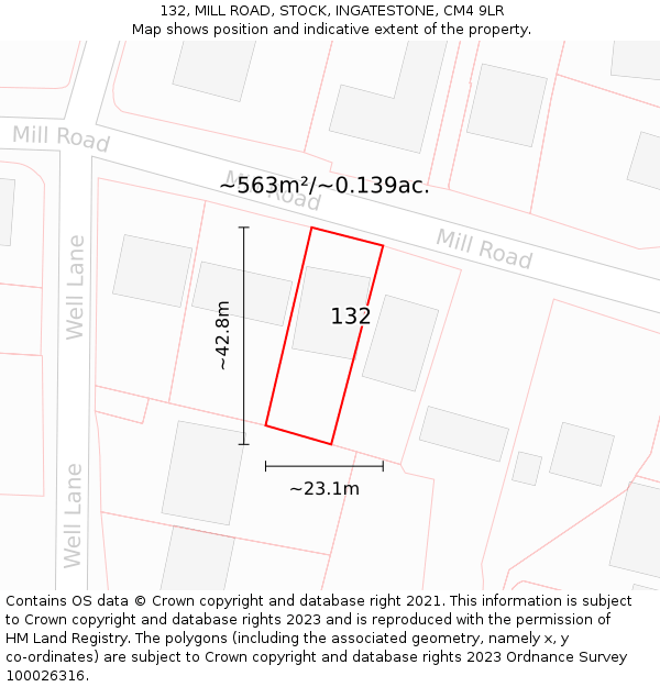 132, MILL ROAD, STOCK, INGATESTONE, CM4 9LR: Plot and title map