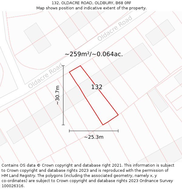 132, OLDACRE ROAD, OLDBURY, B68 0RF: Plot and title map